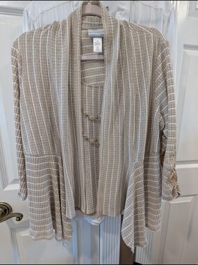 Nic+Zoe Striped Beige & White Open Cardigan Set